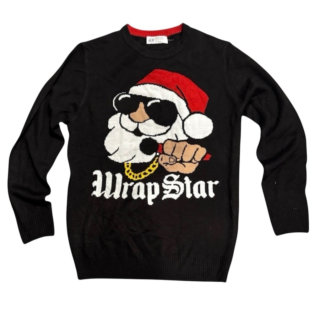 H&M Black 'Wrap Star' Santa Sweater Christmas holiday ugly youth 12-14
